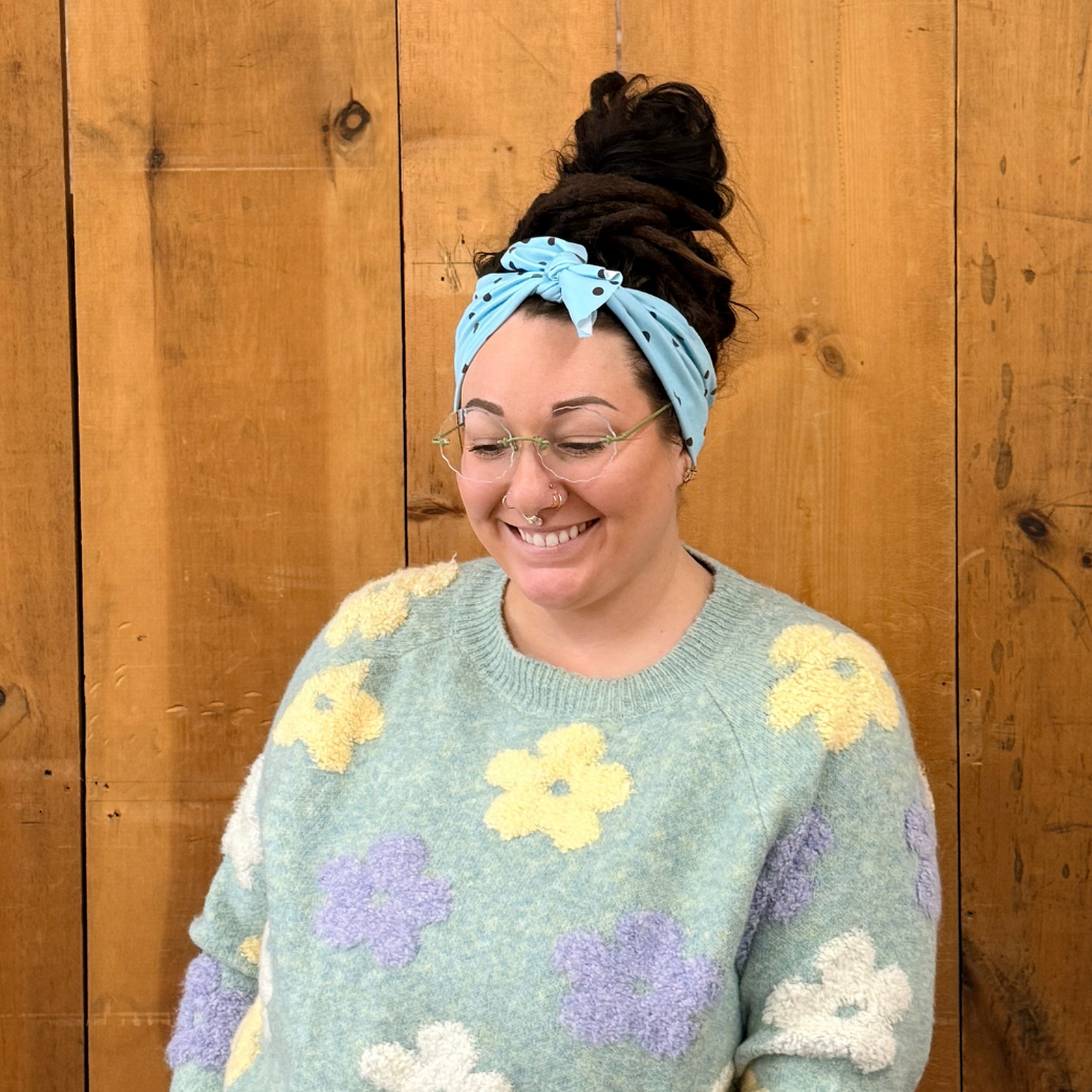 Y2K blau-braunes Polka-Dot Stirnband mit Schleife