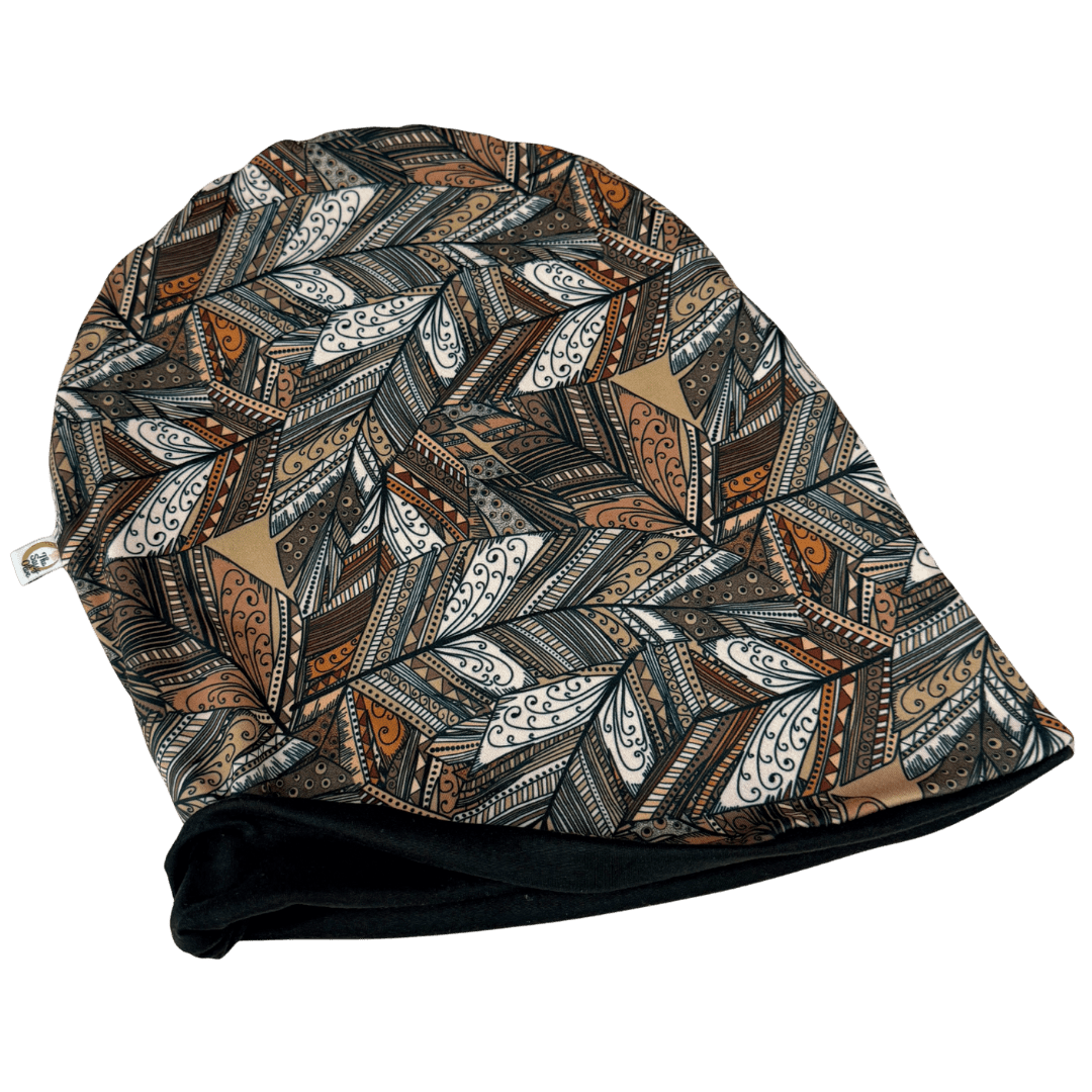 Brown Tribal Feathers Slouchy Beanie - The Sassy Olive