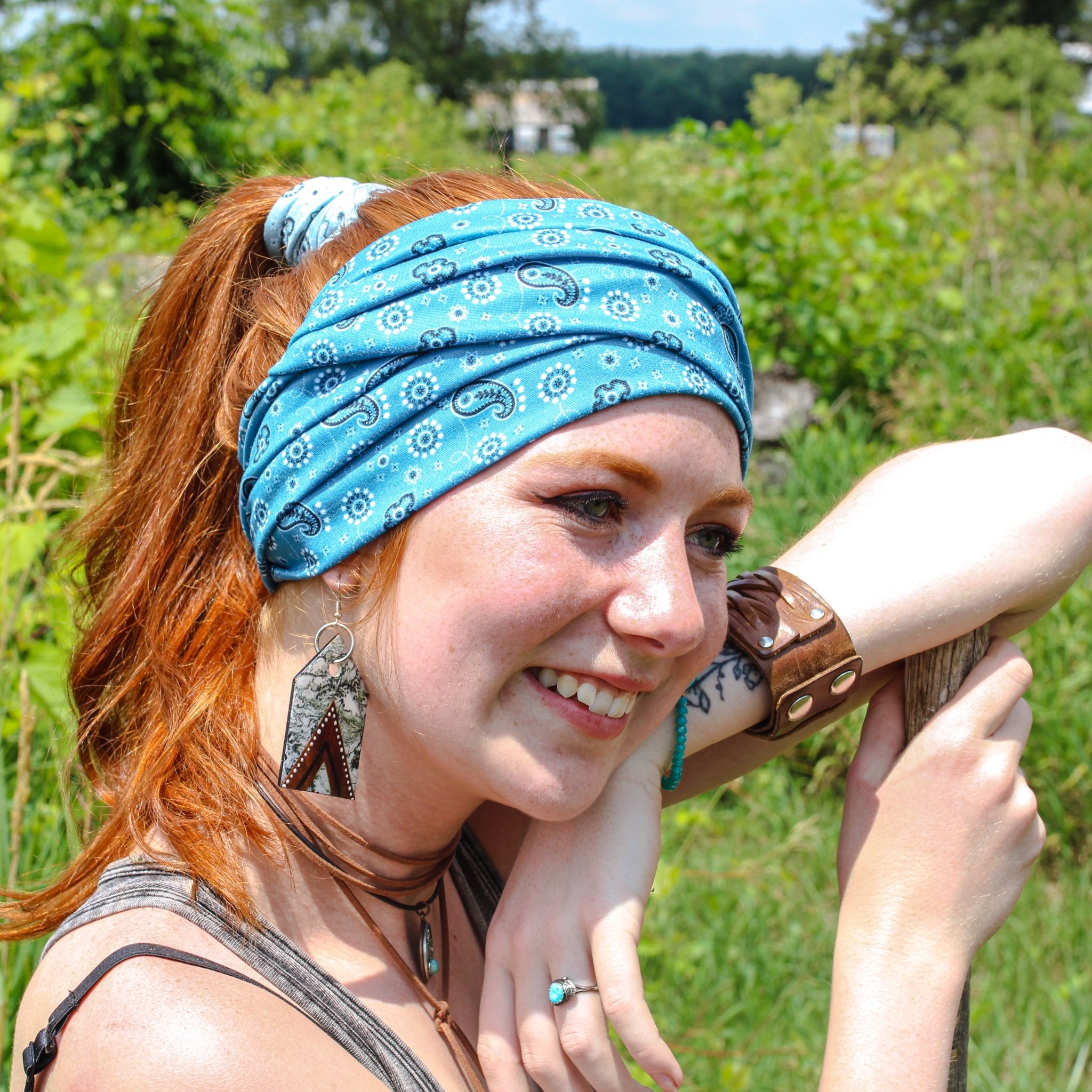 Rancher Bandana Paisley Wrap Headband | Pale Blue Paisley Wrap